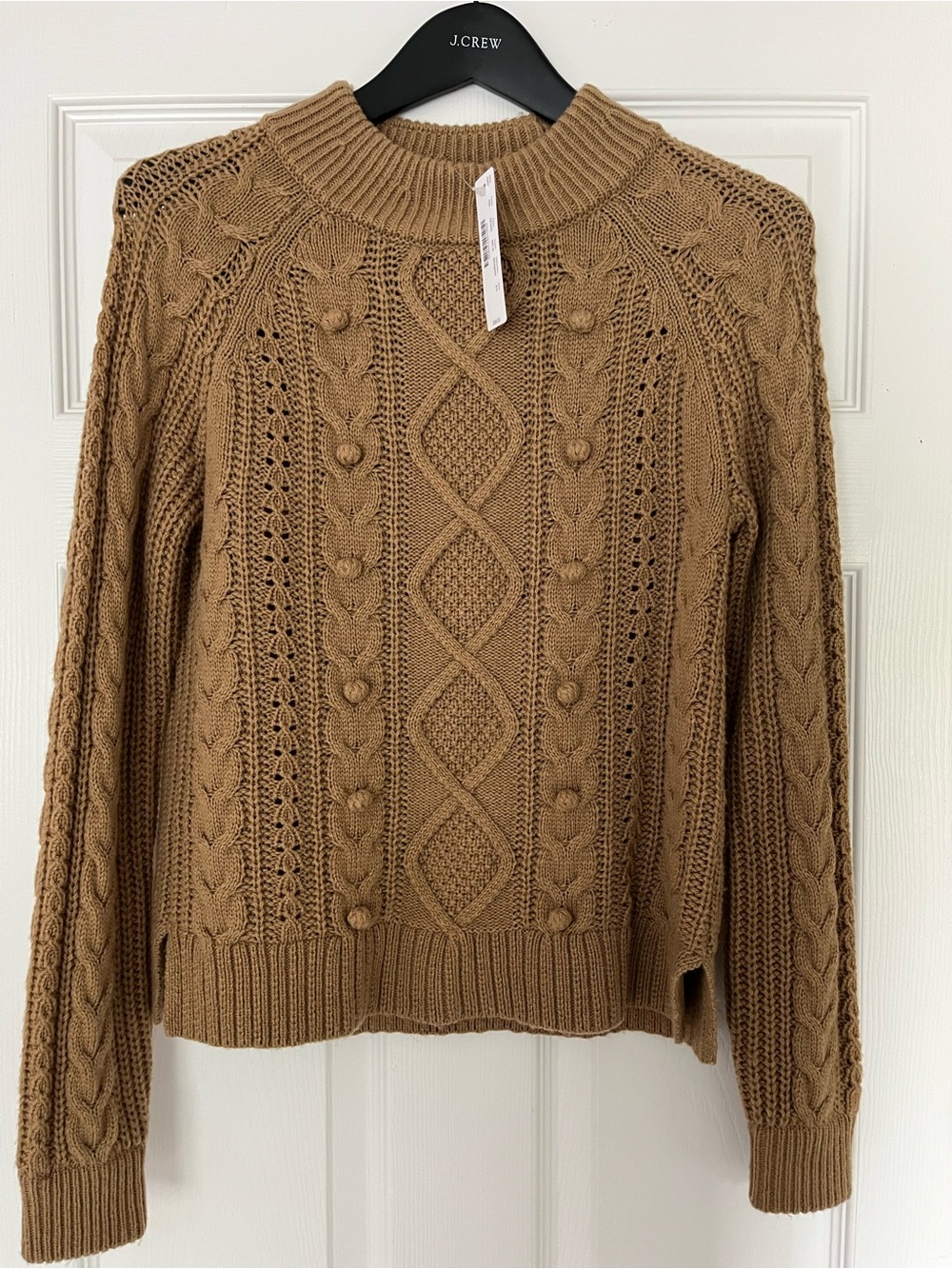 J. Crew Cable Knit Pom Pom Wool Blend Sweater Camel Tan Size XS AE995 NWT
